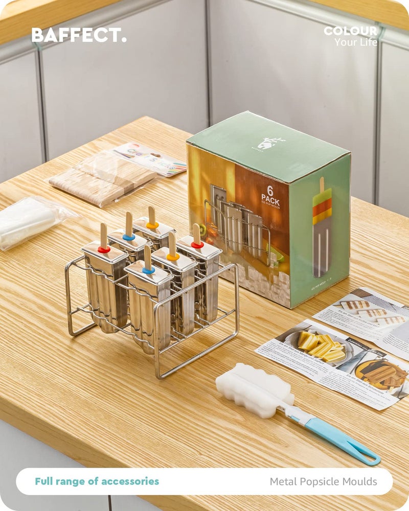 Baffect Metal Popsicle Moulds, Set of 6 Round Head Stainless Steel Ice Lolly Molds with Holder, Fast Freezing Ice Cream Makers with Lollipop Sticks and Bags - Image 3